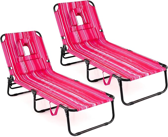 GYMAX Tanning Chair, 330lbs Beach Lounge Chair with Face Hole, Detachable Washable Pillow & Carry Strap, Adjustable Folding Lounger, Layout Chair for Outside, Patio, Poolside, Lawn (2, Hot Pink)