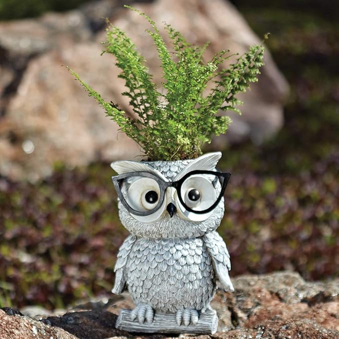 Roman Exclusive White Owl Wearing Silly Black Spectacles Planter, 9.25-Inch, Made of Dolomite/Resin