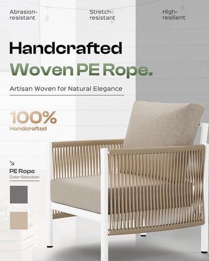 Aluminum Outdoor Patio Couch, 3 Seats HDPE Rope Patio Sofa with Washable Thick Cushion, All-Weather Patio Furniture for Balcony, Yard, White Frame, Ivory