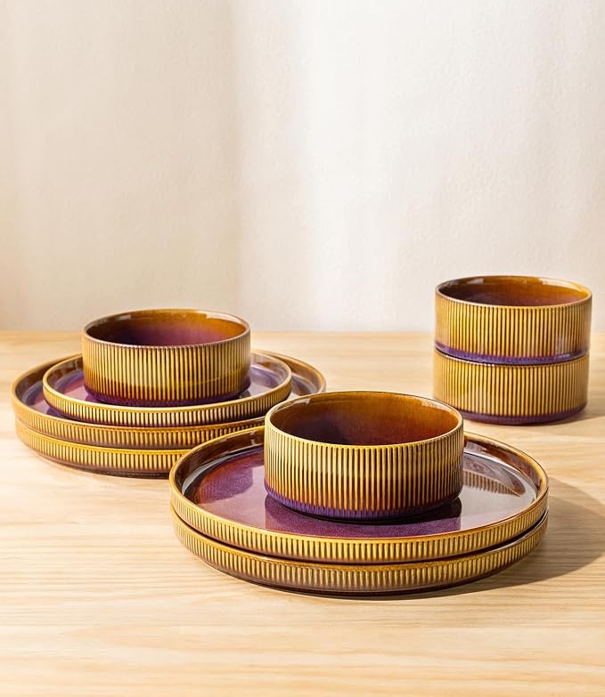 TheTerra Ceramic Dinnerware Sets for 4, 16 Pieces Porcelain Lightweight Plates and Bowls Sets, Scratch Resistant Dish Set, Oven & Microwave & Dishwasher Safe, Amber Amethyst