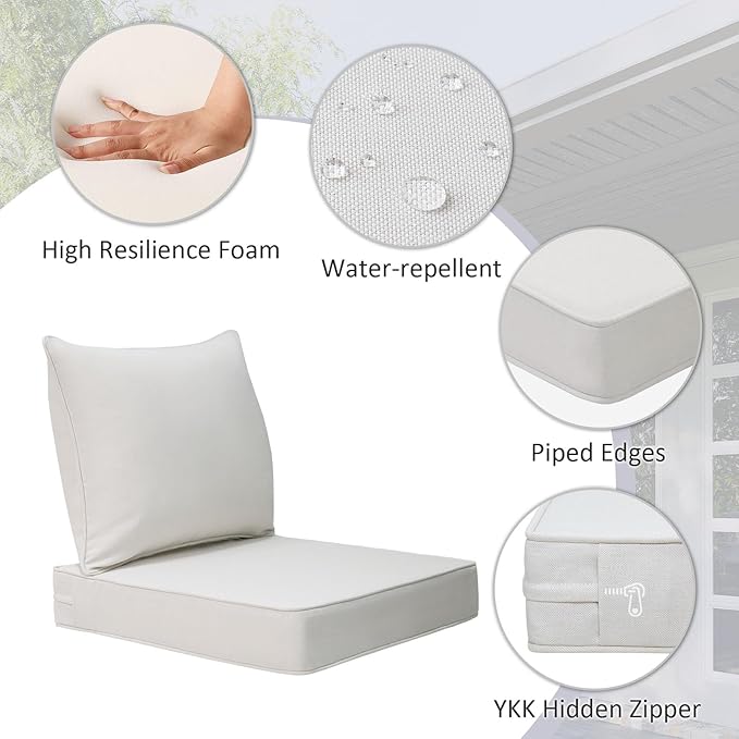 Outdoor Patio Chair Cushions Set, 24" x 24", Set of 2, Water-Repellent, Fade Resistant, Deep Seat Bottom and Back Cushion for Backyard, Couch, Sofa and Patio Furniture, Linen