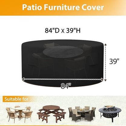 HDCAXKJ Round Patio Table Cover Waterproof Outdoor Dining Table and Chair Set Cover Heavy Duty Round Protector with Zipper Anti-Fading Cover for Outdoor Furniture (Black, 84"DIA x 39"H)