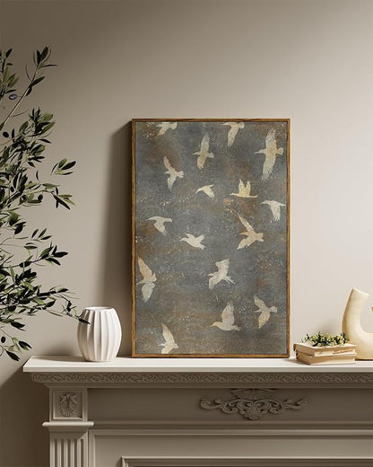 InSimSea Framed Canvas Wall Art Vintage Decor, Home Decor Painting Gold Flying Bird Collage Large Wall Decorations for Living Room, Landscape Modern Canvas Pictures Art for Bedroom Gallery, 16"x24"