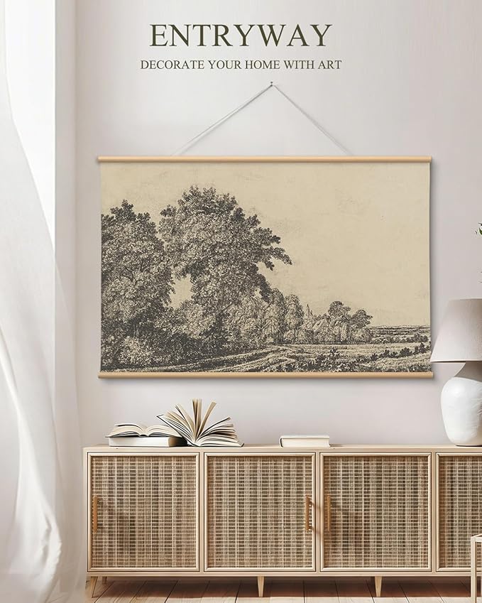 VIYYIEA Extra Large Size Canvas Wall Art, 36x54 Inch Vintage Tree Landscape Hanging Scroll, Black and White Rustic Country-Inspired Artwork for Living Room, Bedroom, Office