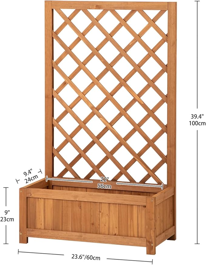 Wooden Raised Garden Bed with Trellis, 40" Outdoor Planter Box for Climbing Plants, Vertical Warm Brown Garden Planter for Vegetables, Flowers & Vines, Lattice Plant Support for Patio Yard Balcony