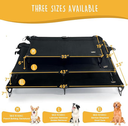 CANINE CANYON Folding Raised Dog Cot, Large Outdoor Elevated Dog Bed, Cooling Chew Proof Pet Cots Bed, Portable, Heavy Duty Up to 160 lbs, Pet Cot for Camping, Home, Black, 43"x27"x7"