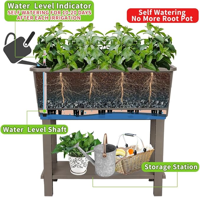3 Pcs Self Watering Elevated Raised Garden Bed, Large Outdoor Plastic Planter Box Big Flower Plant Pot for Planting Flowers Vegetables and Herbs (3, Khaki)