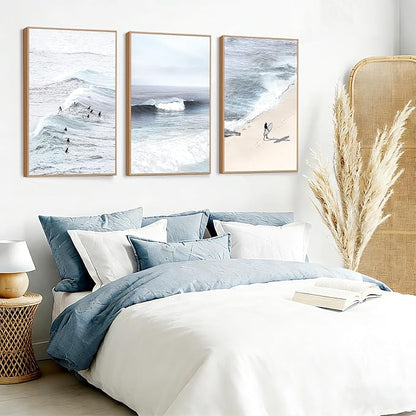CHDITB Surfing Framed Canvas Wall Art, Seaside Ocean Surf Wall Decor, Modern Beach Surfboard Artwork, Summer Tropical Sea Painting for Beachy Bedroom Dining Room Surfer Room Decoration 24"x36"X3