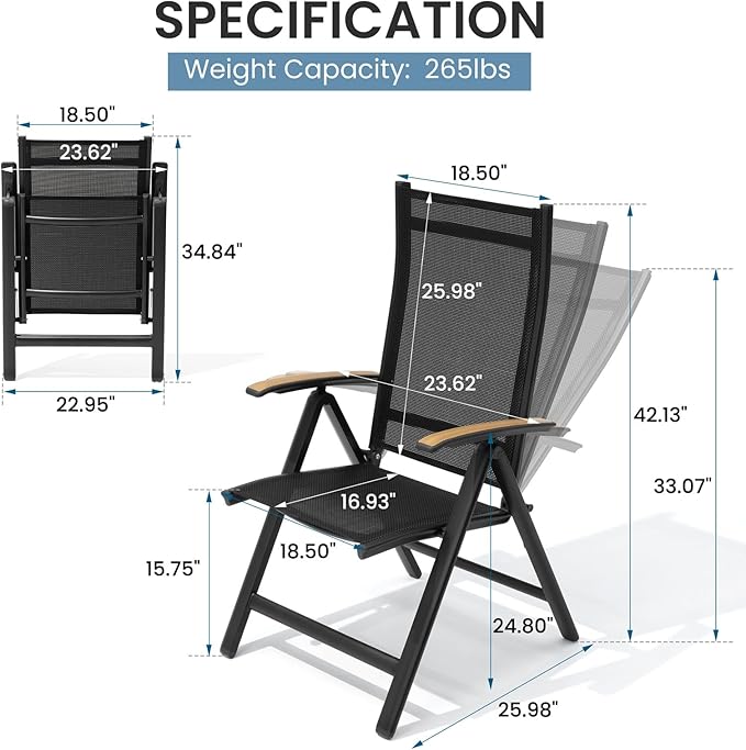 Crestlive Products Folding Patio Chairs Set of 6, 8-Level Adjustable Outdoor Recliner Chairs with Teak Armrest Aluminium Frame for Pool, Backyard, Black