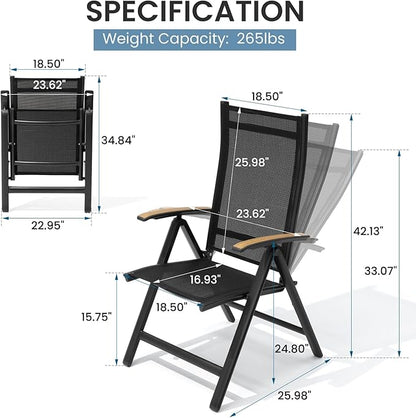 Crestlive Products Folding Patio Chairs Set of 6, 8-Level Adjustable Outdoor Recliner Chairs with Teak Armrest Aluminium Frame for Pool, Backyard, Black