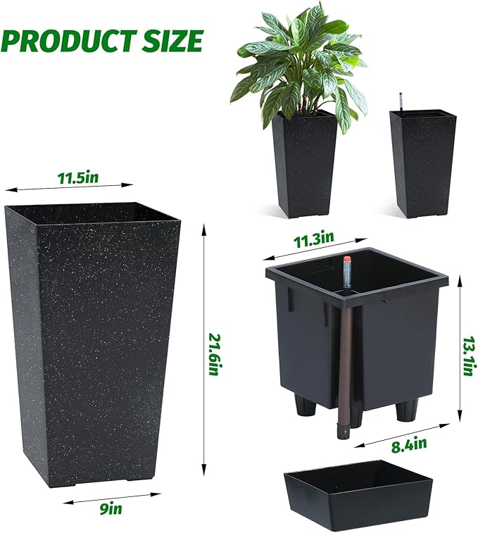 Garvee 16" Tall Planters Set of 4, Outdoor＆Indoor Black Planter Pots, High Front Porch Planter Pots with Drainage Holes＆Water Level Monitor＆Inner Bucket,Black