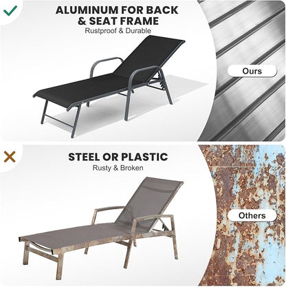 Crestlive Products Lounge Chair Outdoor with Armrests, Pool Lounge Chairs Set of 2, Aluminum Adjustable 5 Positions Tanning Chairs for Outside, Patio, Poolside, Yard, Deck, Backyard (Black)