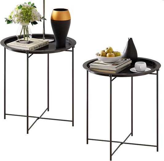 End Table Set of 2,Outdoor Side Table, Small Patio Round Folding Metal Black Side Tables for Outdoor,Living Room,Balcony and Office,Φ18.5" x 19.9"H，2 PCS