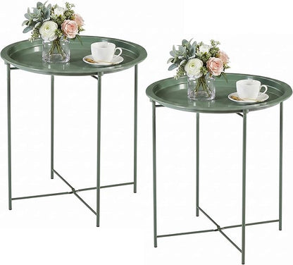 VECELO Side/End Table, Folding Round Metal Anti-Rust and Waterproof Outdoor or Indoor Tray for Living Room Bedroom Balcony and Office, 2 PCS, Dark Green