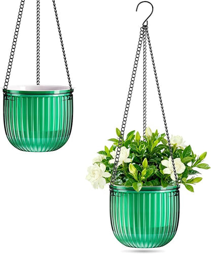 Halatool 2 Pack Self Watering Hanging Planters for Indoor Plants - 6.5 Inch Outdoor Hanging Flower Pots with 2 Metal Chains for Garden Home Wall Decor (Peacock Green)