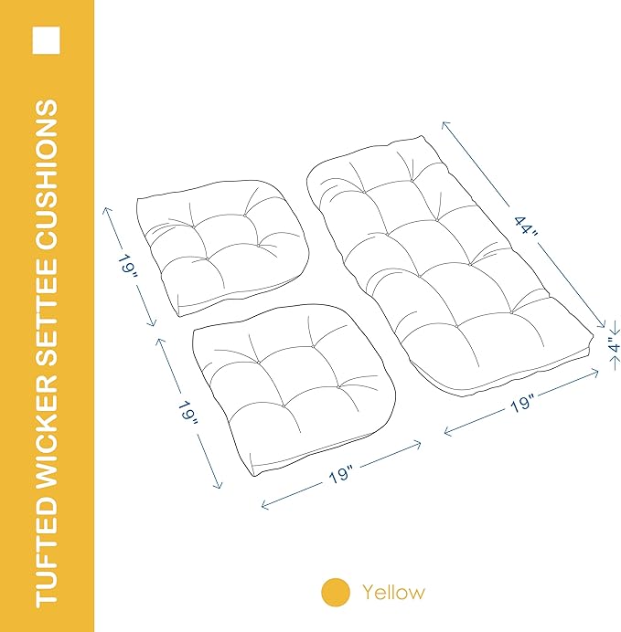 Outdoor/Indoor All Weather Tufted Wicker Chair Cushions of 3 Pieces, 1 Loveseat and 2 U-Shape Waterproof Cushions for Patio Furniture,Wicker Loveseat,Bench-Yellow