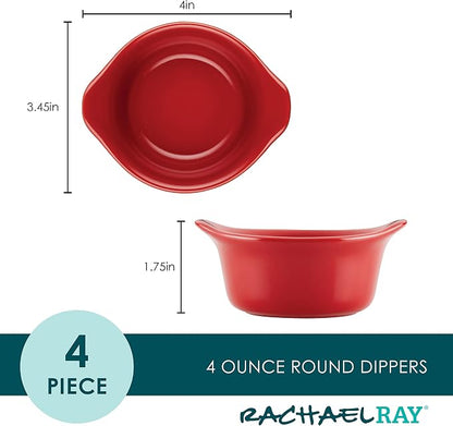Rachael Ray Solid Glaze Ceramics Round Ramekins/Dipping Cup Set, 4 Piece, Red