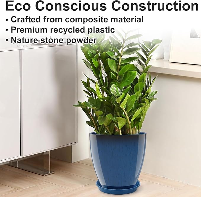 GameXcel Flower Pot Indoor - Outdoor Plant Pot - Navy Blue Glossy Planter - Elegant Ceramics Imitation - 12" Diameter 12" Tall with Drainage Holes and Saucer