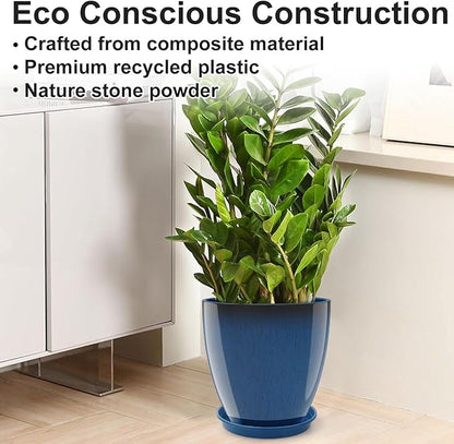 GameXcel Flower Pot Indoor - Outdoor Plant Pot - Navy Blue Glossy Planter - Elegant Ceramics Imitation - 12" Diameter 12" Tall with Drainage Holes and Saucer