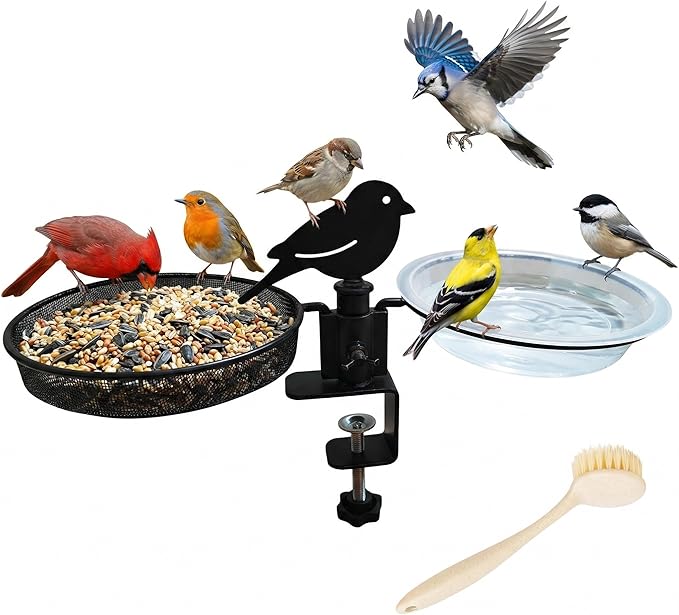 Deck Bird Feeder & Bird Bath for Railing – No-Drill Clamp Fits Balcony, Deck & Fence up to 1.97"/5cm – Rust-Resistant Metal Mesh Tray + Windproof Water Bowl Combo, Wild Bird Feeding Station with Brush