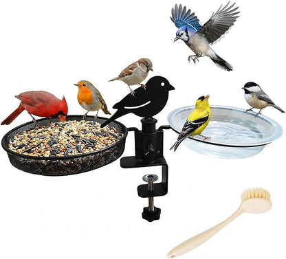 Deck Bird Feeder & Bird Bath for Railing – No-Drill Clamp Fits Balcony, Deck & Fence up to 1.97"/5cm – Rust-Resistant Metal Mesh Tray + Windproof Water Bowl Combo, Wild Bird Feeding Station with Brush