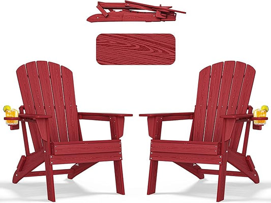 nevilywood Folding Adirondack Chair with Cup Holder Set of 2,HDPE All-Weather Patio Chairs,Plastic Outdoor Chairs- Looks Exactly Like Real Wood- Red