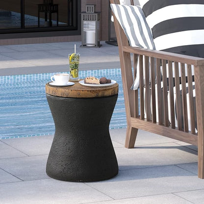 HOMPUS Outdoor Concrete Side Table Sets of 2, 2 Pieces Black Round Patio End Table, Small Outdoor Accent Table, Hourglass Shaped Garden Stool for Paito, Outside, Black