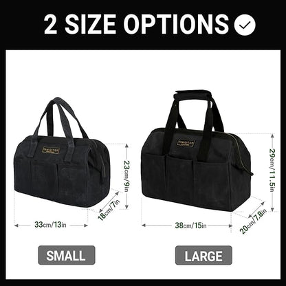 Heavy-Duty 16oz Waxed Canvas Tool Tote Bag - 15" Wide Mouth Open Top Organizer with 15 Pockets | Multi-Purpose Storage for Tools, Hardware & DIY Supplies (Black)