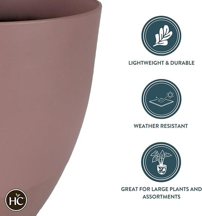 The HC Companies 16 Inch Topanga Decorative Round Planter - Lightweight Premium Resin Plant Pot with a Ceramic Look for Indoor Outdoor Use, Mauve Swoop