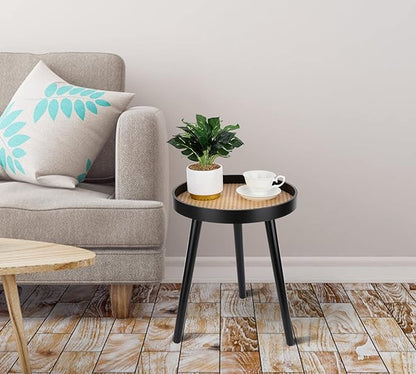 Rattan Round Side Table, Black Small End Table, Accent Table, Modern Boho Bedside Table, Mid-Century Patio Side Table, End Tables for Living Room Bedroom Office Balcony