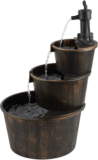 Alpine Corporation 40" Tall Outdoor Floor Tiered Rustic Pump and Barrel Water Fountain, Old-Fashioned Waterfall for Garden, Patio, Yard Decor, Dark Brown
