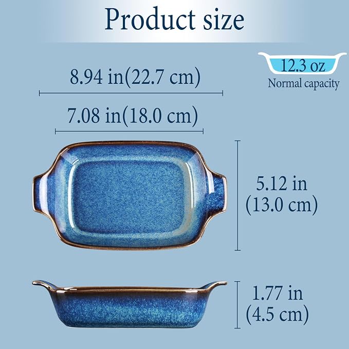 Ceramics Au Gratin baking Dishes Set of 2, Baking Tray Bake ware, 12.3 oz Ramekins, for Pie Pan, Appetizer, Tart, Dessert, Quiche, Oven Small dish, individual dishes, Rectangular 9 Inch