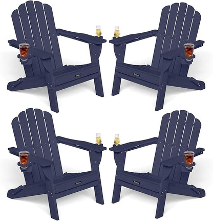Adirondack Chairs Set of 4, Foldable Adirondack Chairs with 2 Cup Holder, Wood Texture HDPE Fire Pit Chairs, Outdoor Lawn Chair for Patio Garden, Dark NavyBlue