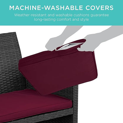 Best Choice Products 4-Piece Outdoor Wicker Patio Conversation Furniture Set for Backyard w/Coffee Table, Seat Cushions - Black/Deep Burgundy