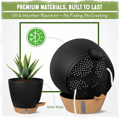 Self-Watering Pots for Indoor Plants 4 Pack, 6/8/10/12 Inch Outdoor Planters with Water Level Indicator & Deep Reservoir, Decorative Flower Pots for Home Decor (Black, 12+10+8+6 Inch)