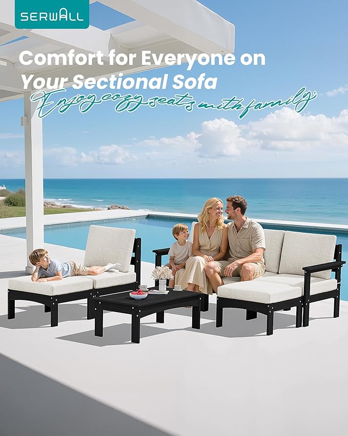 SERWALL HDPE Patio Furniture Set,7 Pieces Patio Conversation Set, All-Weather Modular Patio Sofa Set with Removable Cushions and Coffee Table for Deck, Garden, Porch, Black Frame with Khaki Cushion