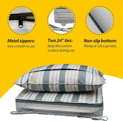 AAAAAcessories Outdoor Seat Cushions for Chairs, Fade-Resistant, Waterproof Patio Furniture Replacement Cushions, 20" x 18" x 3" + 20" x 17", Slate Gray Blue Coastal Stripe