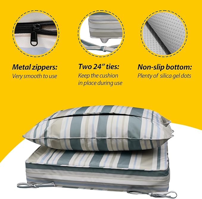 AAAAAcessories Outdoor Seat Cushions for Chairs, Fade-Resistant, Waterproof Patio Furniture Replacement Cushions, 22" x 22" x 3" + 22" x 17", Slate Gray Blue Coastal Stripe