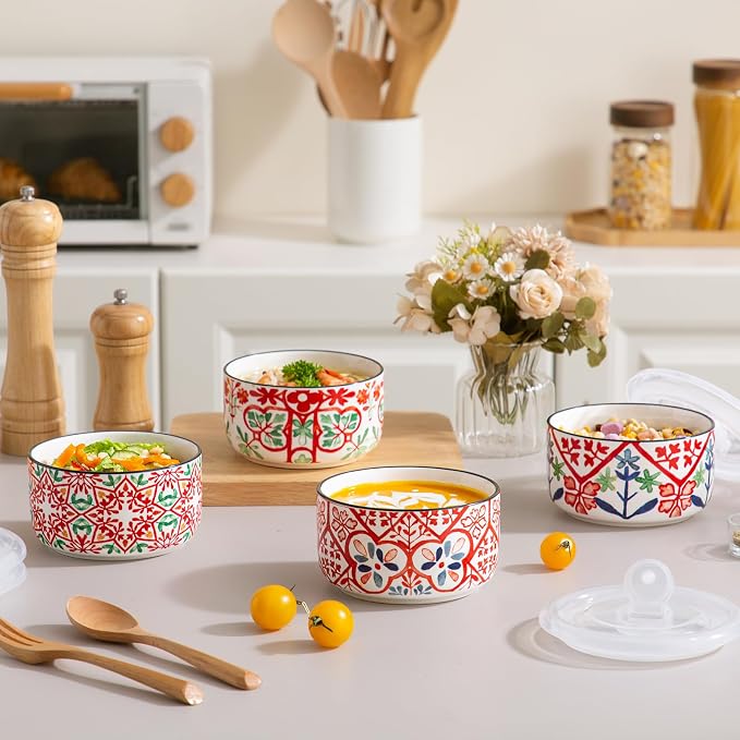 Ceramic Bowl with Lid, Microwave Safe, Set of 4 | Food Storage Containers for Soup, Meal Prep, Cereal, Salad Leftovers - Picnic, Camping, Office Lunch - 20 oz, Red-Pattern
