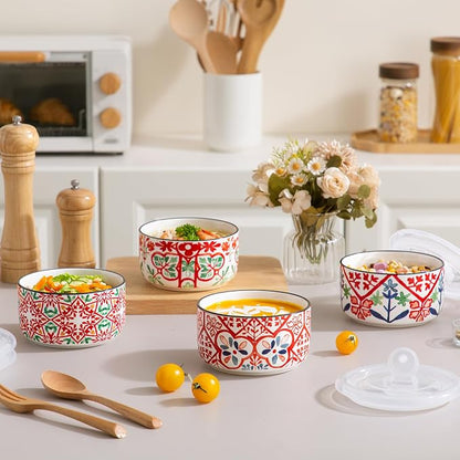 Ceramic Bowl with Lid, Microwave Safe, Set of 4 | Food Storage Containers for Soup, Meal Prep, Cereal, Salad Leftovers - Picnic, Camping, Office Lunch - 20 oz, Red-Pattern