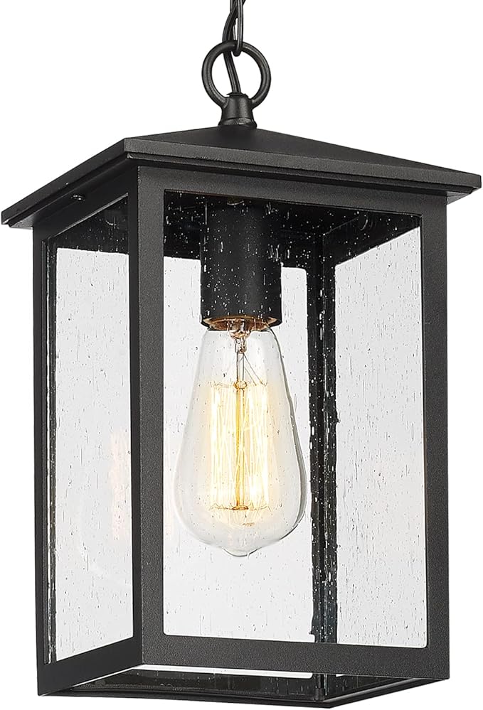 Treekee Outdoor Pendant Lighting, Exterior Hanging Lantern Porch Light, Outside Light Fixture in Black Finish with Seeded Glass, Pendant Lamp for Front, Entry, Patio, Gazebo