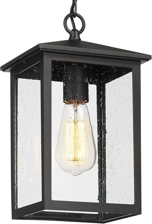 Treekee Outdoor Pendant Lighting, Exterior Hanging Lantern Porch Light, Outside Light Fixture in Black Finish with Seeded Glass, Pendant Lamp for Front, Entry, Patio, Gazebo