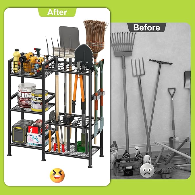 keomaisyto Garden Tool Organizer With Basket - 3 Tier Yard Storage Rack for Garage Organization, Heavy Duty Holder With 35 Long-Handled Slots for Shed, Yard, Garage