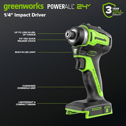 GREENWORKS 24V (6-TOOL) Combo (Drill, Impact Driver, Circular Saw, Reciprocating Saw, Multi-Tool, Flashlight), 4.0Ah + 2.0Ah (24,000mAh Power Bank) Batteries, (2) Cables, 65W Rapid Charger