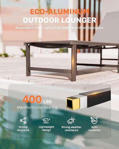 Chaise Lounge Chair Outdoor, Aluminum Patio Chairs with 5 Adjustable Backrest and Headrest Pillows for Outside Beach, Gray
