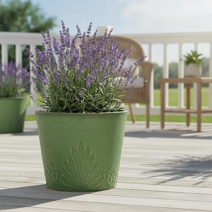 GreenShip 15 inch Large Planters, Set of 2 Relief Planters - Recycled Resin & Stone Composite Flower Pots - Weather Resistant Lightweight Garden Pots for Indoor Outdoor Plants (Olive)