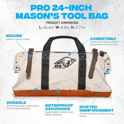 OX Tools Large Canvas Tool Bag 24 Inch Wide with Heavy Duty Masonry Tool Bag Straps and Reinforced Frame with Suede Leather Bottom for Construction Workers OX-P262924