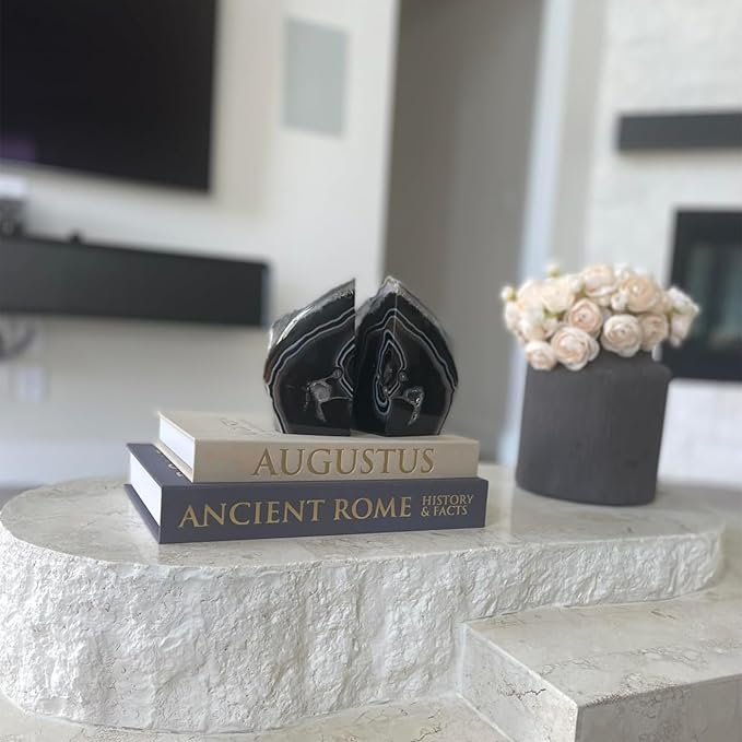 JIC Gem Agate Bookend(s) Black Bookshelf Decor geode bookends 1 Pair 3to 4 Lbs from Brazilian with Rubber Bumpers for Office and Home Decoration