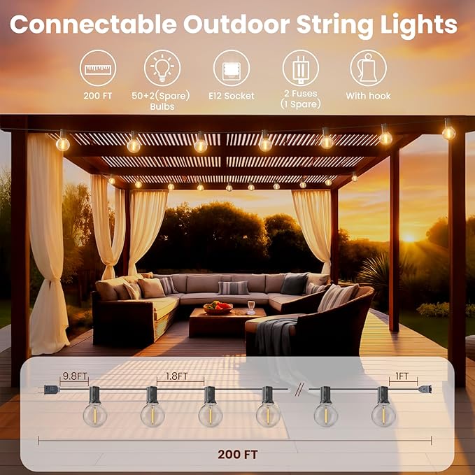 RTTY Outdoor String Lights 200ft, 2 Pack 100ft G40 Led Patio Globe Lights with 52pcs Bulbs,Shatterproof Waterproof Connectable Outside Hanging for Porch Cafe Bistro Backyard Gazebo Balcony Deck Party