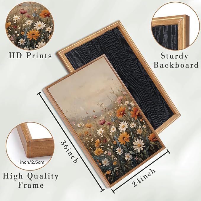 IARTTOP Extra Large Wildflower Framed Wall Art 24x36 Inch Set of 3 Vintage Botanical Art Prints Calming Nature Floral Landscape Wall Decor for Living Room Dining room Bedroom